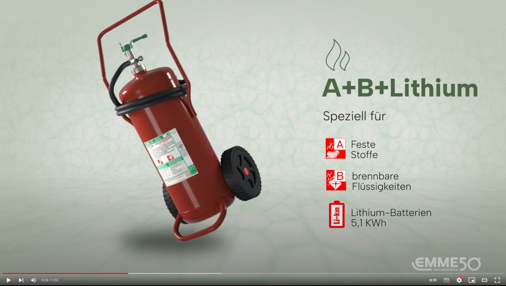 VIDEO-PRÄSENTATION: Lith-M fahrbarer Schaum-Feuerlöscher - Lithium-Batterie getestet - Behälter aus Edelstahl