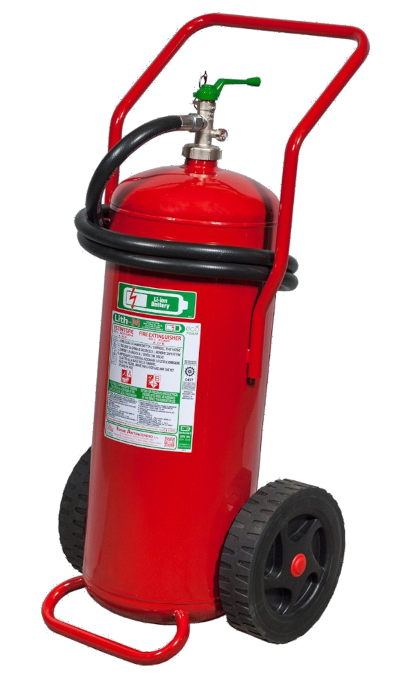 Lith-M Wheeled Foam Fire Extinguisher - Lithium Battery Tested - Stainless Steel Cylinder
