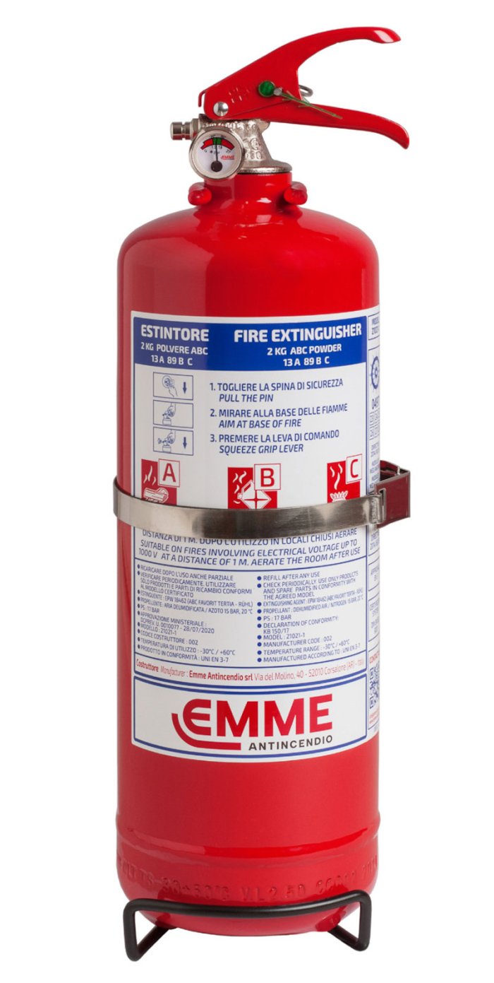 2 Kg Dry Powder Fire Extinguisher -13 A -89 B C Code 21021-1 - PED 2014/68/EU - MED 2014/90/EU