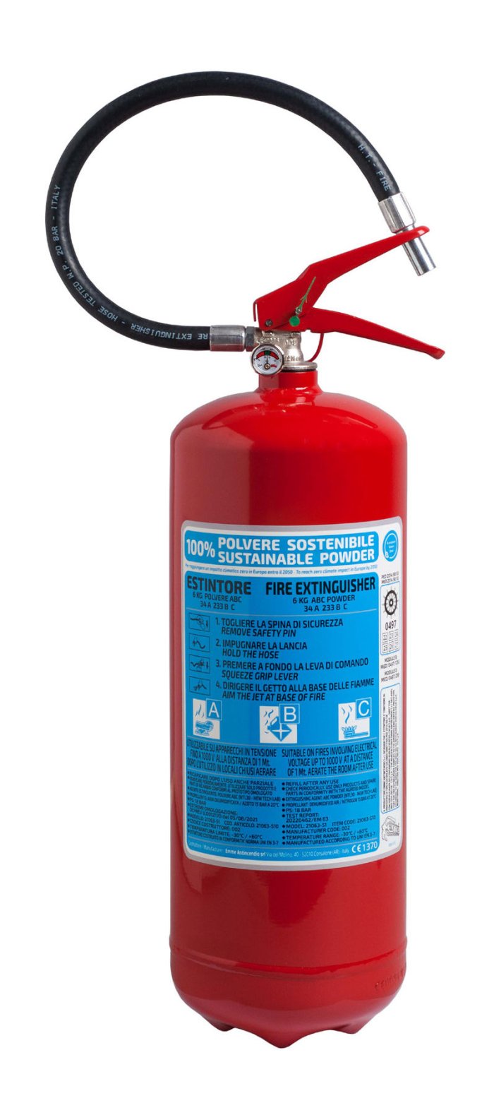 6 Kg powder fire extinguisher - Model 21063-550 - 34A 233BC - UNI EN 3-7 - 100% Sustainable Powder