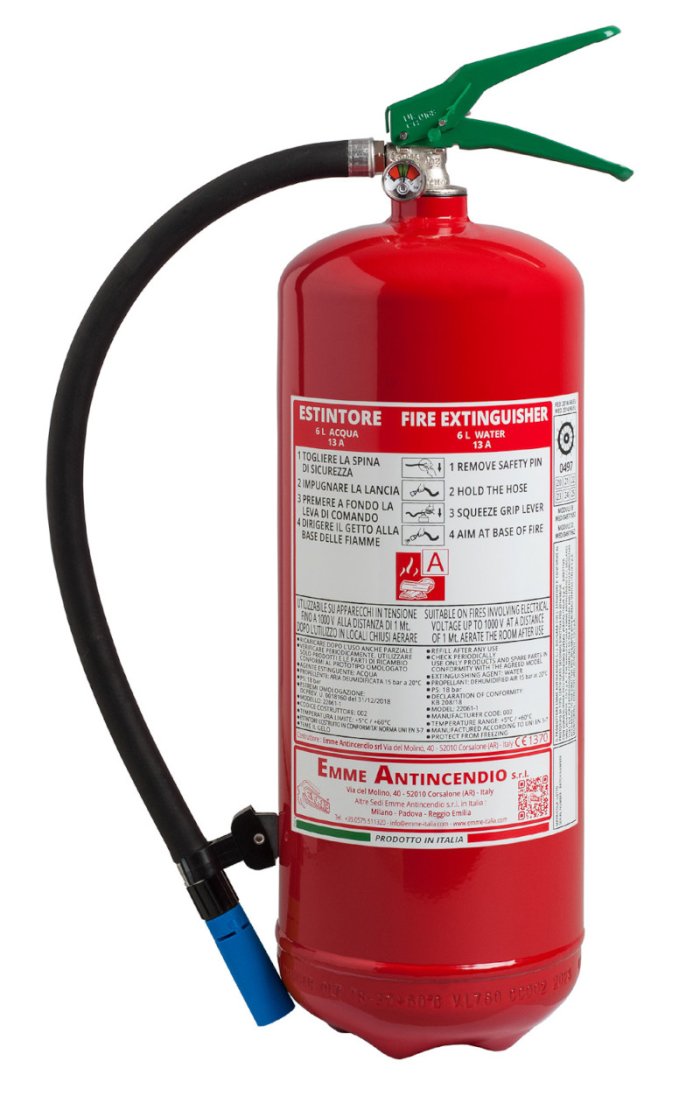 6 Liter Water Fire Extinguisher- Code 22061-11 - 13 A- UNI EN 3-7