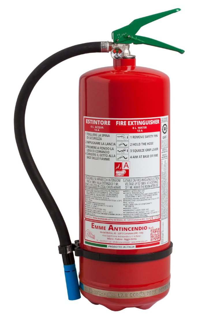 6 Liter Water Fire Extinguisher- Code 22061-21 - 13 A- UNI EN 3-7