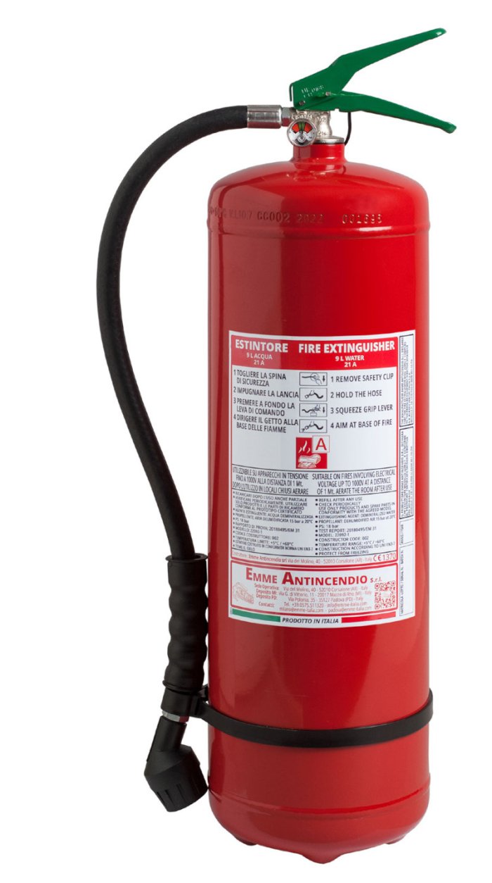 9 L Water Fire Extinguisher - Code 22092-1 - 21A - UNI EN 3-7